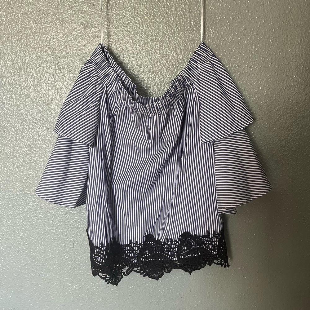 Blue & White Striped Off-Shoulder Top with Lace Trim Zara Basics